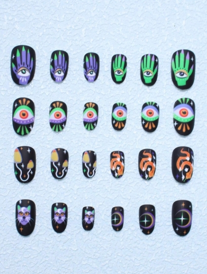 Beautiful Set - 24pcs Dark Night Spirit Cat Eye Claw Iridescent Round Head Gothic / Punk Design Fake Press on Nail