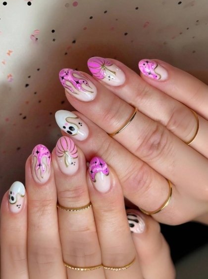 Beautiful Set - 24pcs Long Oval Super Cute Ghost and Pink Flames Funny Design Fake Press on Nail