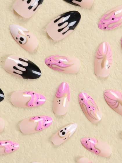 Beautiful Set - 24pcs Long Oval Super Cute Ghost and Pink Flames Funny Design Fake Press on Nail