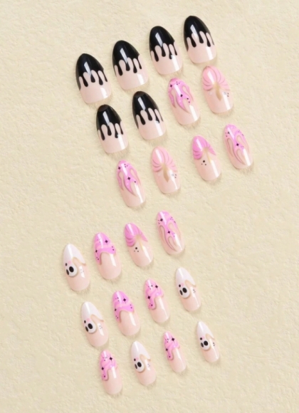 Beautiful Set - 24pcs Long Oval Super Cute Ghost and Pink Flames Funny Design Fake Press on Nail