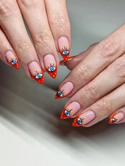 Gorgeous Set - 24pcs Long Almond Red Color Eye Fantasy Design Fake Press on Nail