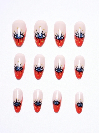 Gorgeous Set - 24pcs Long Almond Red Color Eye Fantasy Design Fake Press on Nail