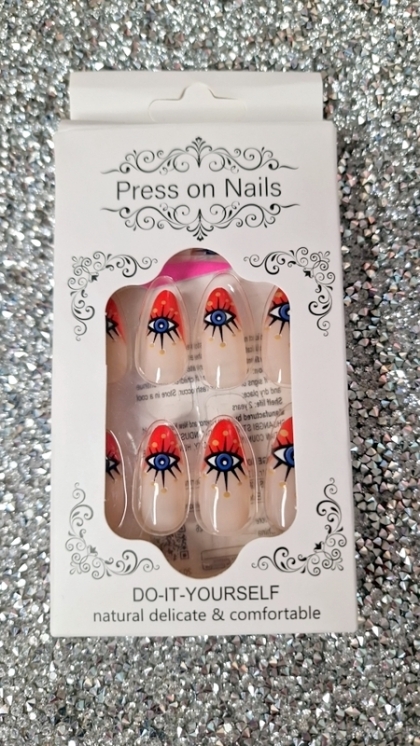 Gorgeous Set - 24pcs Long Almond Red Color Eye Fantasy Design Fake Press on Nail