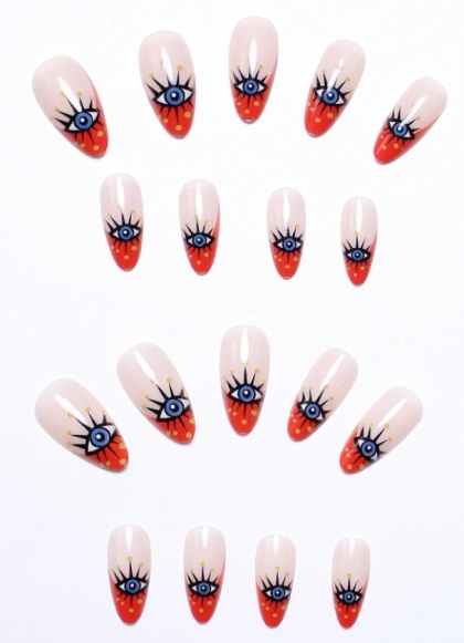 Gorgeous Set - 24pcs Long Almond Red Color Eye Fantasy Design Fake Press on Nail