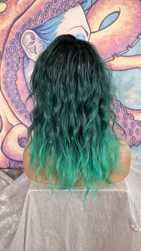 Mint green and dark ombré medium curly wavy wig Ombre Bluish Green Wig Long Wavy Middle Part Wig Teal Blue  main image 4