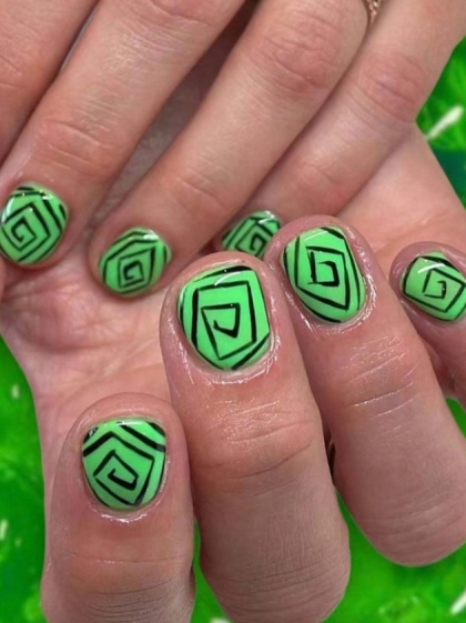 Beautiful Set - 24pcs Short Square Tornado Green Style Funny Art Design Fake Press on Nail