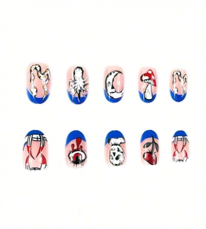 Beautiful Set - 24pcs Short Oval / Zombie / Snake / Halloween / Moon / Rose Dark Design Fake Press on Nail