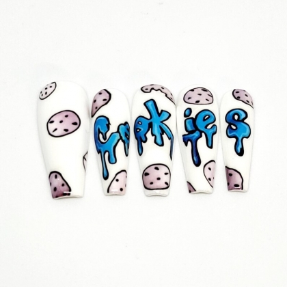 Beautiful Set - 24pcs Extra Long Super Cute Cookie Monster Graffiti Design Fake Press on Nail
