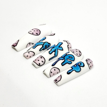 Beautiful Set - 24pcs Extra Long Super Cute Cookie Monster Graffiti Design Fake Press on Nail