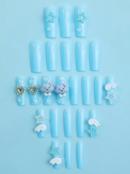 Beautiful Set - 24pcs Long Coffin Square Cute Wings Love / Stars Light Blue Design Fake Press on Nail