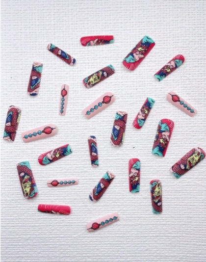 Beautiful Set - 24pcs Long Coffin Unique Yakuza Tattoo Design Fake Press on Nail