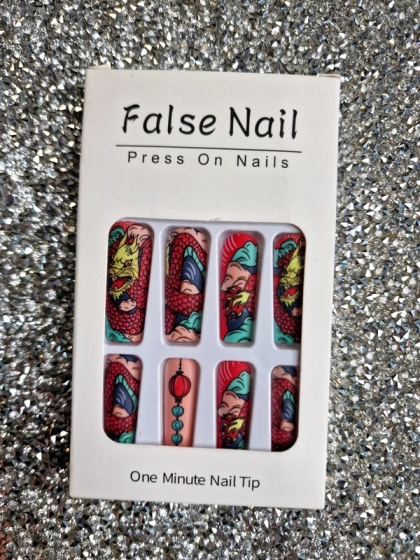 Beautiful Set - 24pcs Long Coffin Unique Yakuza Tattoo Design Fake Press on Nail