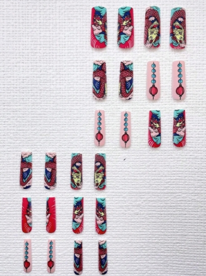 Beautiful Set - 24pcs Long Coffin Unique Yakuza Tattoo Design Fake Press on Nail