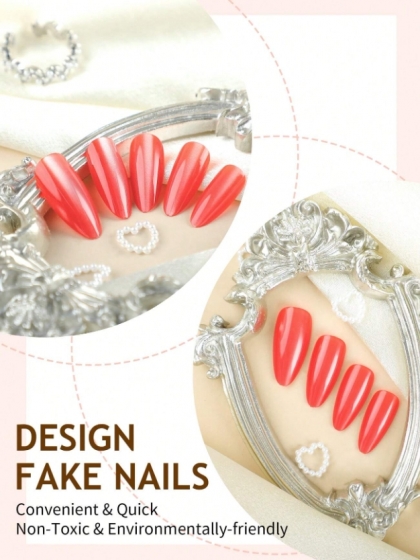 Beautiful Set - 24pcs Long Almond Red Cat Eye Comfortable Sparkle Design Fake Press on Nail