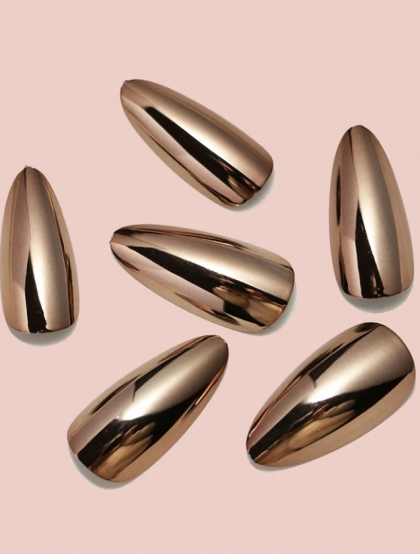 Beautiful Set - 24pcs Medium Almond Antique Metal Chrome Shiny Design Fake Press on Nail