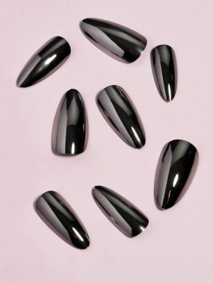 Beautiful Set - 24pcs Medium Almond Silver Metal Chrome Shiny Design Fake Press on Nail