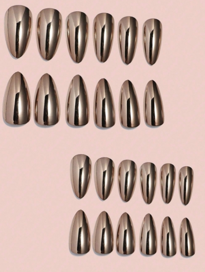 Beautiful Set - 24pcs Medium Almond Antique Metal Chrome Shiny Design Fake Press on Nail