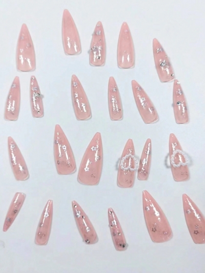 Beautiful Set - 24pcs Long Cute Sparkle Glitter Style Light Pink Color with Hearts Design Fake Press on Nail