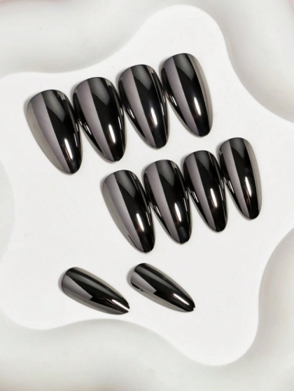 Beautiful Set - 24pcs Medium Almond Silver Metal Chrome Shiny Design Fake Press on Nail