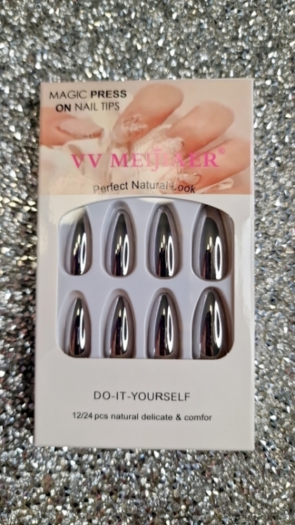 Beautiful Set - 24pcs Medium Almond Silver Metal Chrome Shiny Design Fake Press on Nail