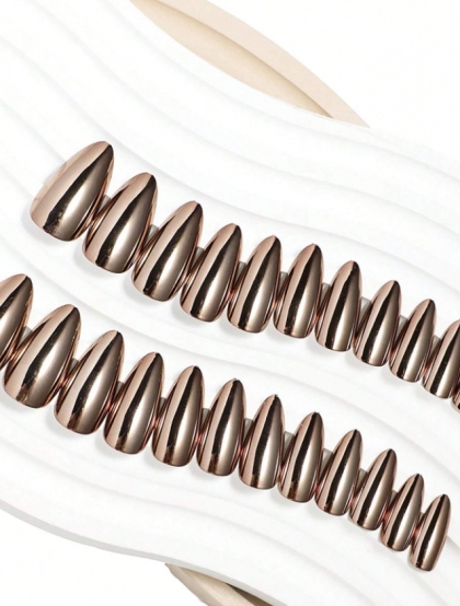 Beautiful Set - 24pcs Medium Almond Antique Metal Chrome Shiny Design Fake Press on Nail