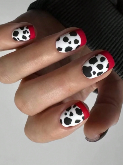 Beautiful Set - 24pcs Short Art Black / White / Dalmatins Style and French Red Line Design Fake Press on Nail