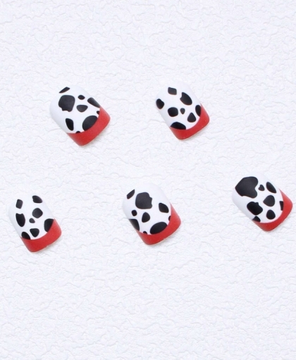 Beautiful Set - 24pcs Short Art Black / White / Dalmatins Style and French Red Line Design Fake Press on Nail