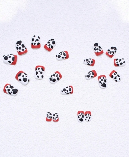 Beautiful Set - 24pcs Short Art Black / White / Dalmatins Style and French Red Line Design Fake Press on Nail