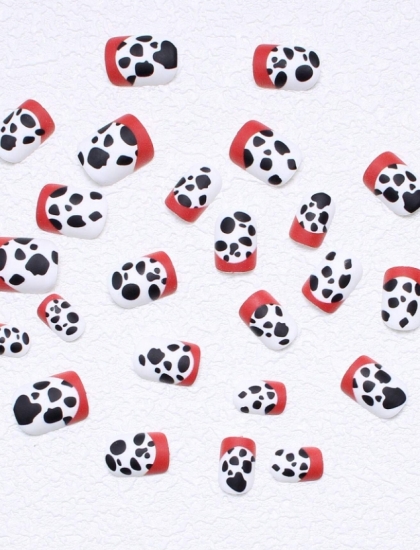 Beautiful Set - 24pcs Short Art Black / White / Dalmatins Style and French Red Line Design Fake Press on Nail