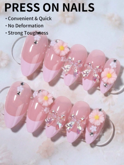 Beautiful Set - 24pcs Long Almond French White and Pink with Pearls / Mini Flowers / Sparkle Design Fake Press on Nail