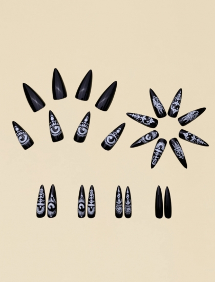Beautiful Set - 24pcs Extra-Long Gothic Ornaments Black Color EYE Design Fake Press on Nail