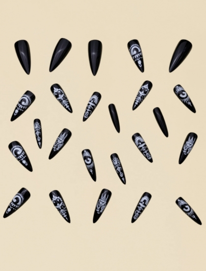 Beautiful Set - 24pcs Extra-Long Gothic Ornaments Black Color EYE Design Fake Press on Nail