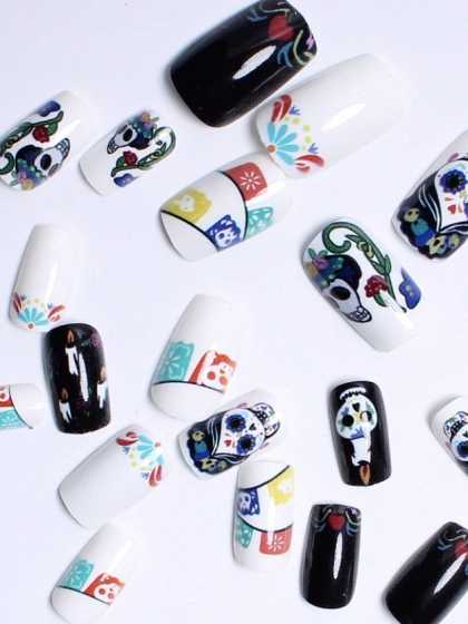 Beautiful Set - 24pcs Square Halloween Mexican Doll Skull Funny Design Fake Press on Nail