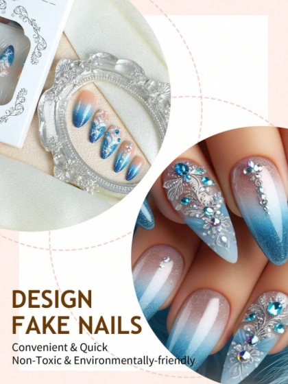 Beautiful Set - 24pcs Almond Blue Fantasy Glitter Gradient Sparkle Design Fake Press on Nail