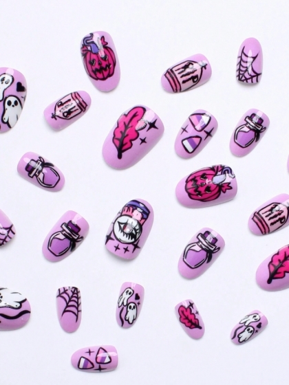 Beautiful Set - 24pcs Short Oval Pastel Purple Color Ghost / Pumpkin /Spiderweb Halloween Cute Design Fake Press on Nail