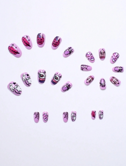 Beautiful Set - 24pcs Short Oval Pastel Purple Color Ghost / Pumpkin /Spiderweb Halloween Cute Design Fake Press on Nail