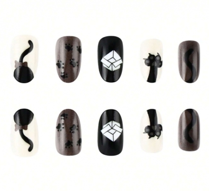 Beautiful Set - 24pcs Short Oval Style Mini Cats / Black Cute Design Fake Press on Nail