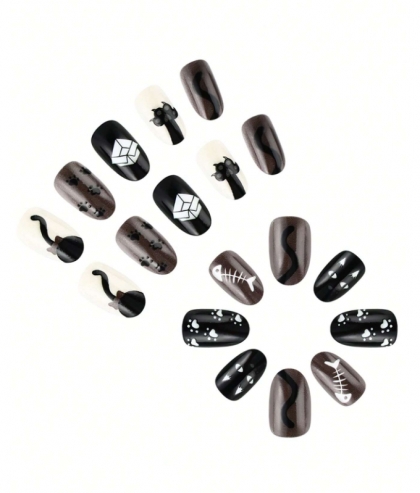 Beautiful Set - 24pcs Short Oval Style Mini Cats / Black Cute Design Fake Press on Nail