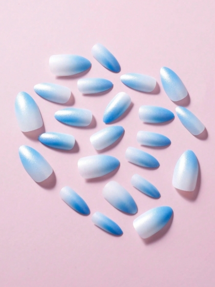 Beautiful Set - 24pcs Long Almond Unique Aurora Sparkle / Pearl Gradient Pastel Blue Color Design Fake Press on Nail