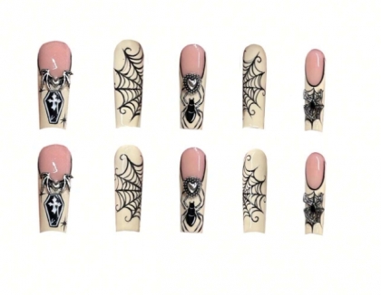 Beautiful Set - 24pcs Long French Spider, Heart, And Spiderweb Halloween Funny Design Fake Press on Nail