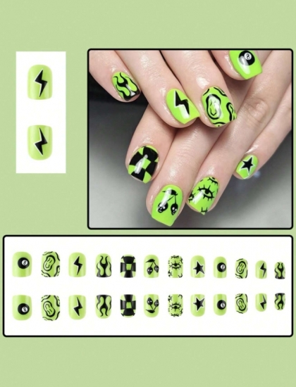 Beautiful Set - 24pcs Short Halloween Theme Green Lightning Flame Wearable EYES Design Fake Press on Nail