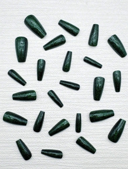 Beautiful Set - 24pcs Long Coffin Nail Gothic Dark Green Glitter Sparkle Effect Design Fake Press on Nail