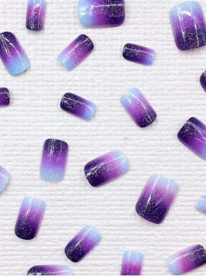 Beautiful Set - 24pcs Short French Style Pink / Purple and Glitter Sparkle Gradient Design Fake Press on Nail