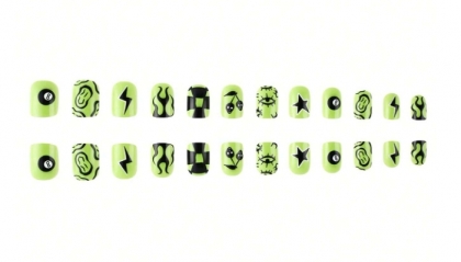 Beautiful Set - 24pcs Short Halloween Theme Green Lightning Flame Wearable EYES Design Fake Press on Nail