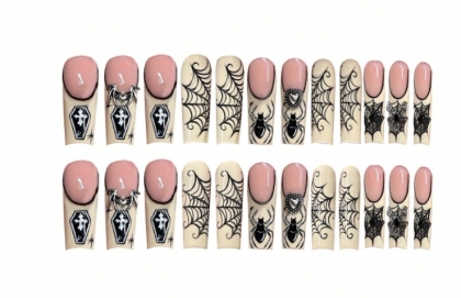 Beautiful Set - 24pcs Long French Spider, Heart, And Spiderweb Halloween Funny Design Fake Press on Nail