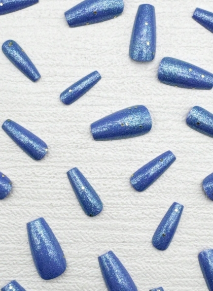 Beautiful Set - 24pcs  Long Coffin Nail Blue Glitter Sparkle Effect Design Fake Press on Nail