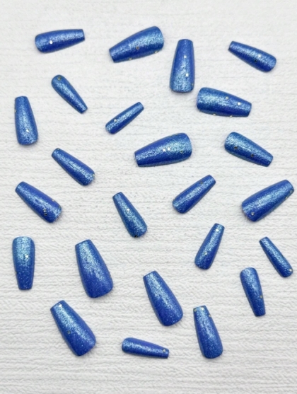 Beautiful Set - 24pcs  Long Coffin Nail Blue Glitter Sparkle Effect Design Fake Press on Nail
