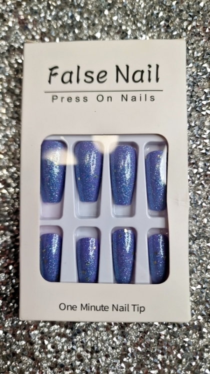 Beautiful Set - 24pcs  Long Coffin Nail Blue Glitter Sparkle Effect Design Fake Press on Nail