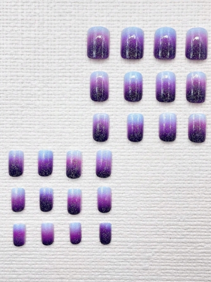 Beautiful Set - 24pcs Short French Style Pink / Purple and Glitter Sparkle Gradient Design Fake Press on Nail