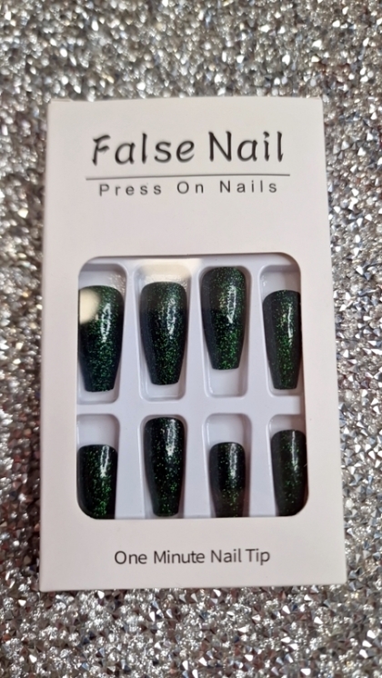 Beautiful Set - 24pcs Long Coffin Nail Gothic Dark Green Glitter Sparkle Effect Design Fake Press on Nail